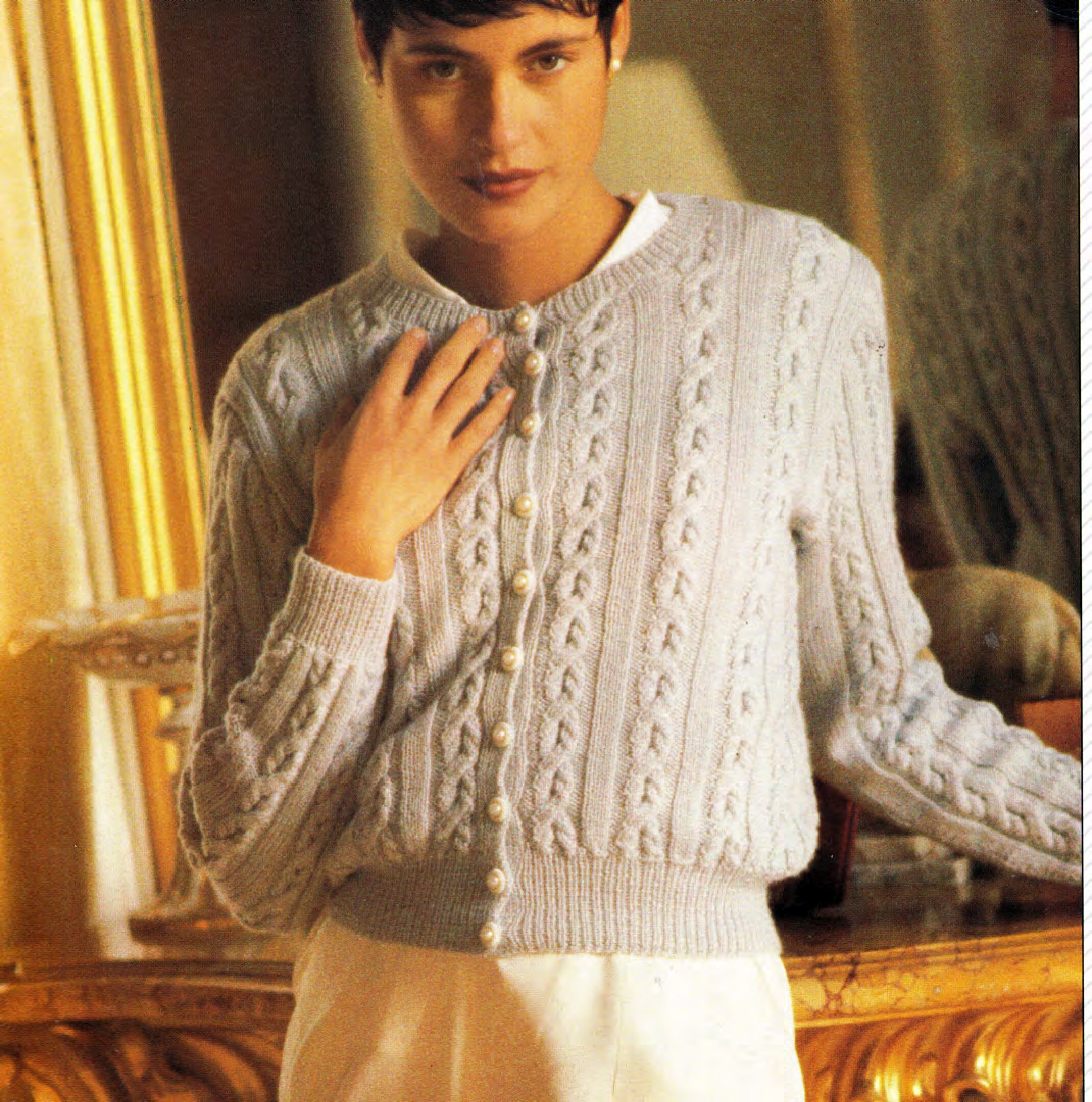 Ladies Cable and Rib Cardigan - Round Neck 4 Ply Fingering