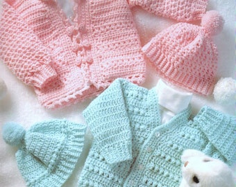 Crochet Pattern- Baby crochet cardigan-jacket-hats-  sport weight yarn- 22-24 chest- Instant download