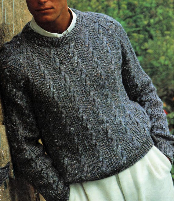 Men's Easy Beginner Cable Raglan Sweater Knitting Pattern PDF