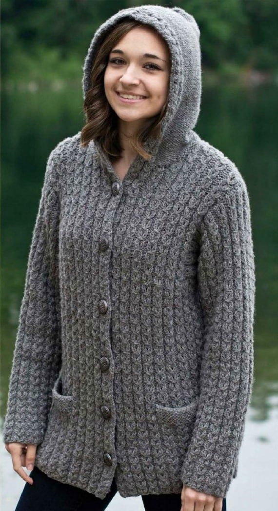 Womens Hooded Cable Rib Longline Cardigan Jacket Pockets Hood 36