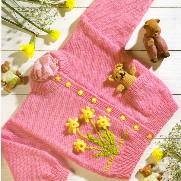 Spring Flowers Daffodil Motif Cardigan with teddy pocket Child's Toddler Knitting Pattern 20"- 26" 1-7 yrs 8 Ply DK PDF Instant download