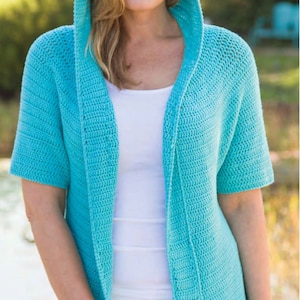 Woman&#39;s Hooded Edge to edge Jacket Crochet Pattern 35 - 52&quot; Larger  Sizes  DK light worsted 8 ply  cotton yarn -Crochet Pattern Download PDF