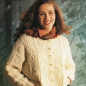 Womans Sampler Aran Style Cardigan- Cropped- drop sleeves Round neck DK-8ply  Light Worsted wool-32-42ins  Download Knitting Pattern PDF