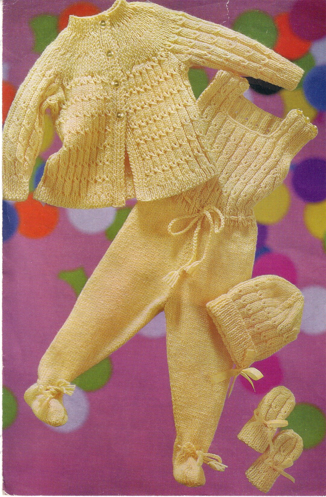 Baby Vintage Pram Set jacket Hat Mitts, Romper Suit DK or 8ply Yarn19 22 Inch Chest Knitting