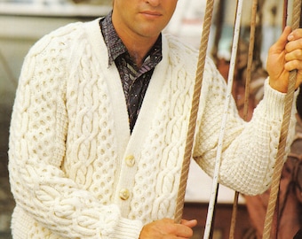 Mans Aran Raglan V neck Cardigan Classic design 34" - 48" chest, Aran 10 Ply Worsted wool Knitting Pattern download PDF