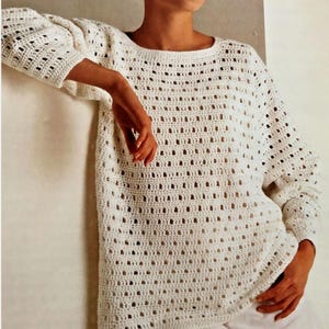 Ladies Lacy Crochet Pullover Sweater Long sleeves round neck  DK 8 Ply Light worsted  30-44" Bust -  Download PDF Crochet Jumper Pattern