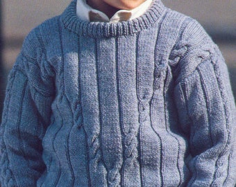 Boy's Cable front crew necked sweater/Jumper- DK/8 ply wool-24-32ins- Instant download PDF Knitting Pattern