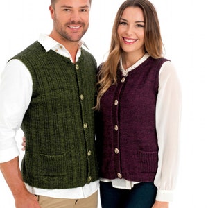 May include: Two knitted waistcoats, one green and one purple, with button fastenings and pockets. The waistcoats are worn by two people standing side-by-side.