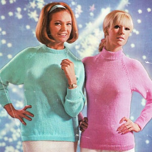 Woman&#39;s-Ladies -Vintage Crew - Polo Neck Jumpers Quick easy Knit-  Knitting Pattern- 34 44 Ins- Download PDF  Light Worsted 8 Ply Yarn-DK