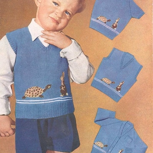 May include: A blue knitted vest with a white collar and a turtle and rabbit design. The vest is worn by a young boy. There are three additional images of the vest in different styles: a short-sleeved shirt, a sleeveless vest, and a long-sleeved cardigan.