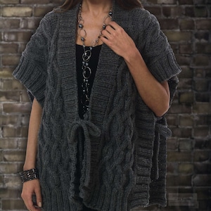 PDF Knitting Pattern Womans Chunky Knit  Cable Tie front Poncho One Size  Super Bulky Wool - Instant download
