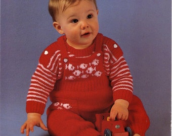 1970s Dungarees and sweatert Knitting Pattern PDF - Double knitting