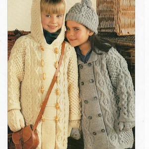 PDF Knitting Pattern- Children&#39;s Hooded Duffle coat & Jacket in Aran wool- Instant download- fits 20-30 Ins