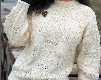 Women's Patchwork Cable Sweater in 10 ply Aran Wool 30-40 inch Chest  PDF Knitting pattern Digital Download