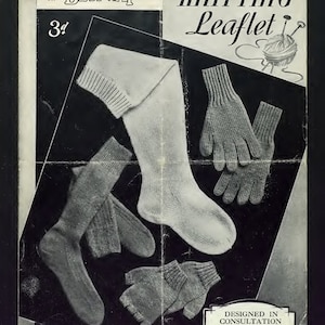 May include: Black and white knitting pattern leaflet for socks and mittens. The leaflet is titled "Knitting Leaflet" and has the text "Designed in consultation with the Admiralty".