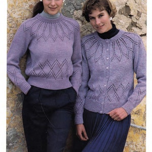 Woman's  Cable Jumper-Sweater & Cardigan in DK-8 ply with Yoked design fits 32-42" chest. Knitting Pattern Instant Download