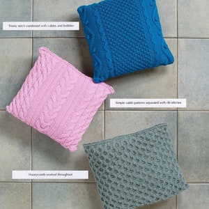 Aran 10 ply cushion covers--14&quot; square when complete 3 styles- aran 10 ply wool PDF Knitting Pattern-Instant Download