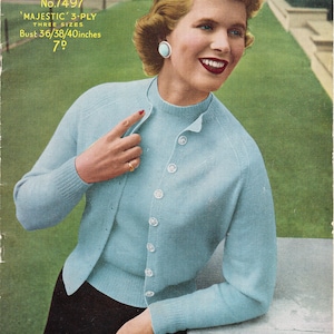 Woman&#39;s Ladies  Vintage  Raglan 3ply Twin Set- Cardigan & Top- 8 Ply/DK fits chest 36-40&quot;Download Now- 1940s