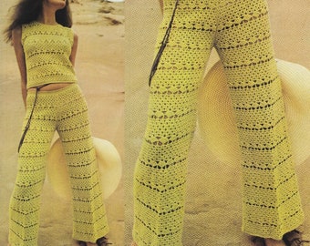 Womans Vintage 1960's Crochet flared Trousers, top -Festival Hippie Retro Crochet Pattern PDF Instant Download.