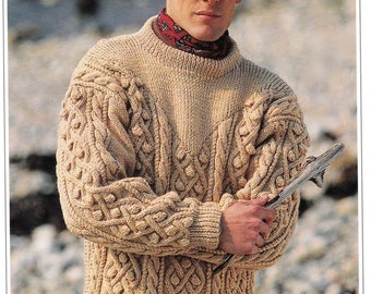 Man's Aran sweater with Rib Inset- 38 - 46ins- Instant download PDF Knitting Pattern
