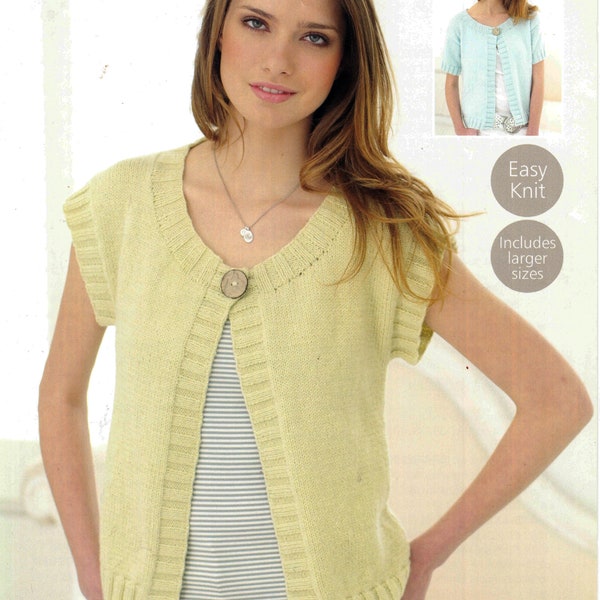 Woman's  Beginners Easy Cardigan Short Cap sleeves in DK 8 Ply wool fits 32-54" Larger sizes Knitting Pattern  Download