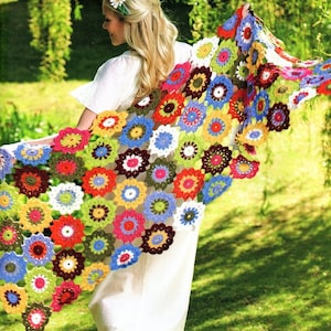 Boho Crochet Flower Shawl 23.5&quot; x 79&quot; at widest point Festival Wedding ~ DK Cotton Crochet Pattern PDF Instant Download