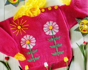 Spring Flowers Daisy Motif Picture Sweater Button Neck Baby Children Toddler Knitting Pattern 20"- 26" 1-7 yrs 8 Ply DK PDF Instant download