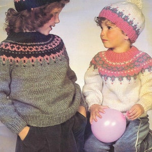 PDF Knitting Pattern Instant download- Childs Fairisle Jumper Sweater Yoked & hat in Chunky wool-fits chest 22-32&quot;