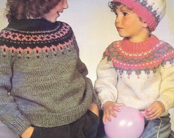 PDF Knitting Pattern Instant download- Childs Fairisle Jumper Sweater Yoked & hat in Chunky wool-fits chest 22-32"