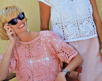 Womens Crochet Tops Pattern Short Sleeve or Sleeveless - One Size Cotton 4 Ply Fingering Yarn Vintage Crochet Pattern/Instant PDF Download
