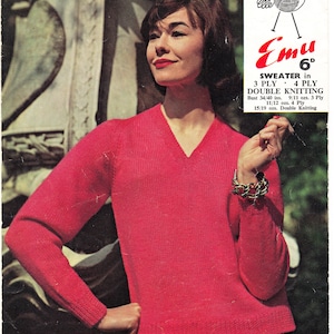 Easy Knit Woman&#39;s Ladies Vintage V Neck Sweater- Jumper ~ DK/8Ply ~or 3/4 Ply 34-40&quot; bust- Knitting Pattern- Instant download
