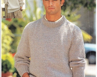 Easy Knit Round Neck Rib Textured Sweater Raglan Sleeve Man Woman 30" - 42" Chunky 12 Ply Wool Knitting Pattern PDF Instant Download