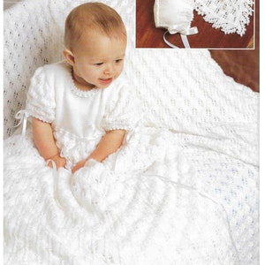 PDF Baby Christening Dress Robe Bonnet Shawl 4 ply Download Knitting Pattern-Birth 12 Months zdjęcie 1