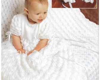 PDF - Baby Christening Dress- Robe- Bonnet- Shawl - 4 ply- Download Knitting Pattern-Birth- 12 Months