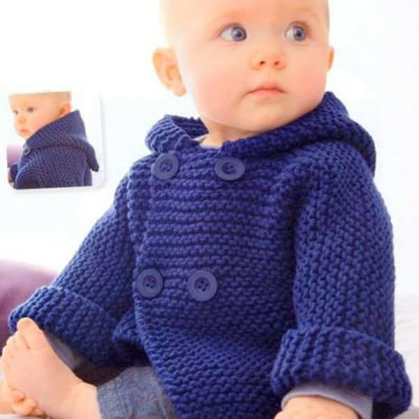 Easy Garter stitch baby hooded Jacket in Aran wool- Fits 3-12m PDF Knitting Pattern