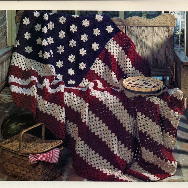 American Flag USA Stars & Stripes Patriotic Afghan Blanket Bedspread 45" x 70" Worsted Aran Wool Crochet Pattern PDF Instant Download