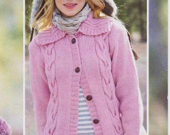 Womens Cable Aran Jacket Cardigan Round Neck or Collar Larger Sizes 32" - 54"~ Aran 10 Ply Worsted Knitting Pattern PDF Instant download