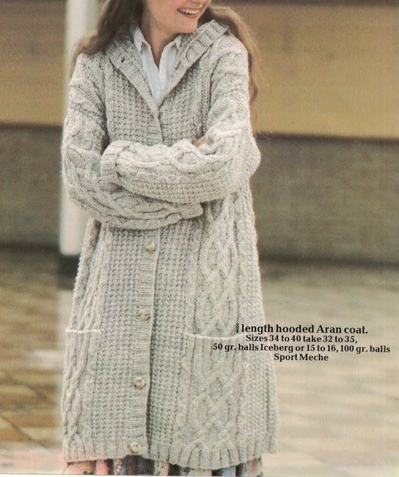 Knitting Pattern PDF Ladies Long Chunky Hooded Cable Jacket Coat