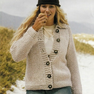 Womans Easy Super Chunky Jacket with Collar & Hat Super Bulky 14 ply yarn-- fits chest 32-42&quot; Hat in DK - Knitting Pattern Download PDF