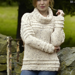 Womans Easy Chunky  Polo neck Sweater & Cardigan- fits chest 32-42&quot; Knitted in Chunky Bulky 12 ply wool- Knitting pattern download PDF