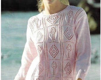 Ladies  Squares Lace Tunic Sweater Dk-8ply Wool-32-42ins Instant Download Knitting Pattern PDF