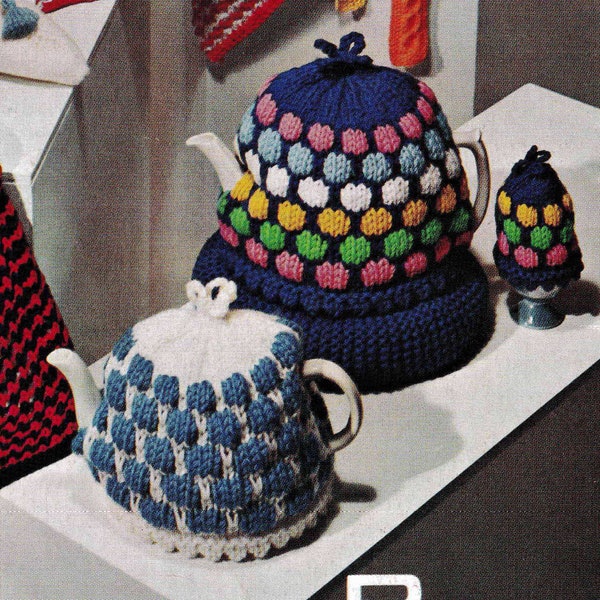 Vintage Spotty Dot Tea Cosy 2 sizes & Matching Egg Cosies Knitted in 2 Halfs - Knitting Pattern DK ( 8 ply ) Download PDF