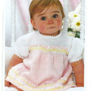 Baby Girls Knitted dress with puff sleeves & Picot edging- Knitting pattern in DK - 8 ply Light worsted wool- fits 18-21 chest Download PDF