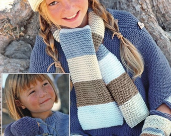 Quick - Very Easy Beginners Childs Hat Scarf & MItts- Garter Stitch- Aran (worsted Weight Yarn) Knitting Pattern PDF Instant download