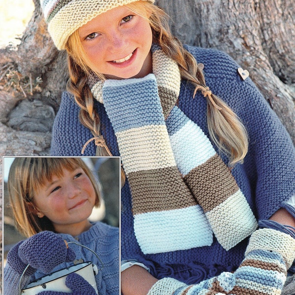 Quick - Very Easy Beginners Childs Hat Scarf & MItts- Garter Stitch- Aran (worsted Weight Yarn) Knitting Pattern PDF Instant download