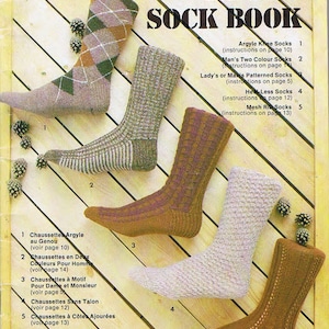 Puede incluir: Un libro titulado "Beehive Family Sock Book" con ilustraciones de cinco tipos diferentes de calcetines. Los calcetines están tejidos en varios colores y patrones, incluyendo argyle, de dos colores, estampados, sin talón y de punto de malla.