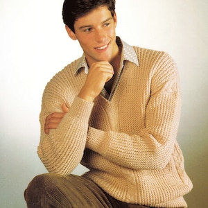 Man's Cable  design V neck Sweater Drop sleeves   38" - 48"   DK 8 Ply Light worsted wool  Knitting Pattern PDF Instant Download