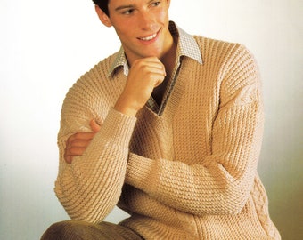 Man's Cable  design V neck Sweater Drop sleeves   38" - 48"   DK 8 Ply Light worsted wool  Knitting Pattern PDF Instant Download