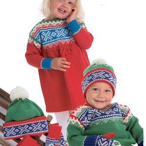 Childs Scandinavian- Norwegian Fairisle Jumper- Dress Mitts , Neck warmer and  Cap,- Knitting pattern- PDF Download