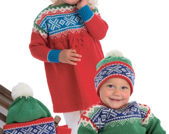 Childs Scandinavian- Norwegian Fairisle Jumper- Dress Mitts , Neck warmer and  Cap,- Knitting pattern- PDF Download